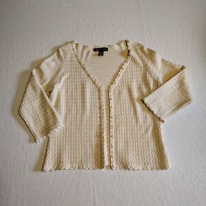 Cream Knit Cardigan Beaded Pearl Trim Open Front Size M Cottagecore